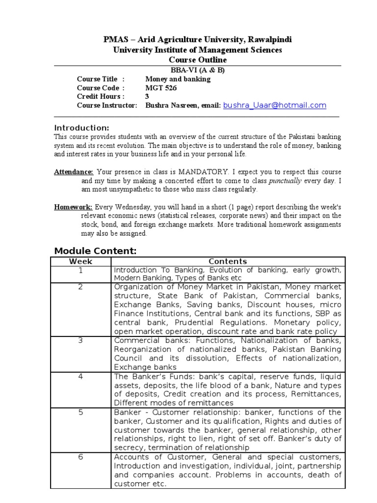 Money Banking & Finance Course Outline Banks Negotiable Instrument