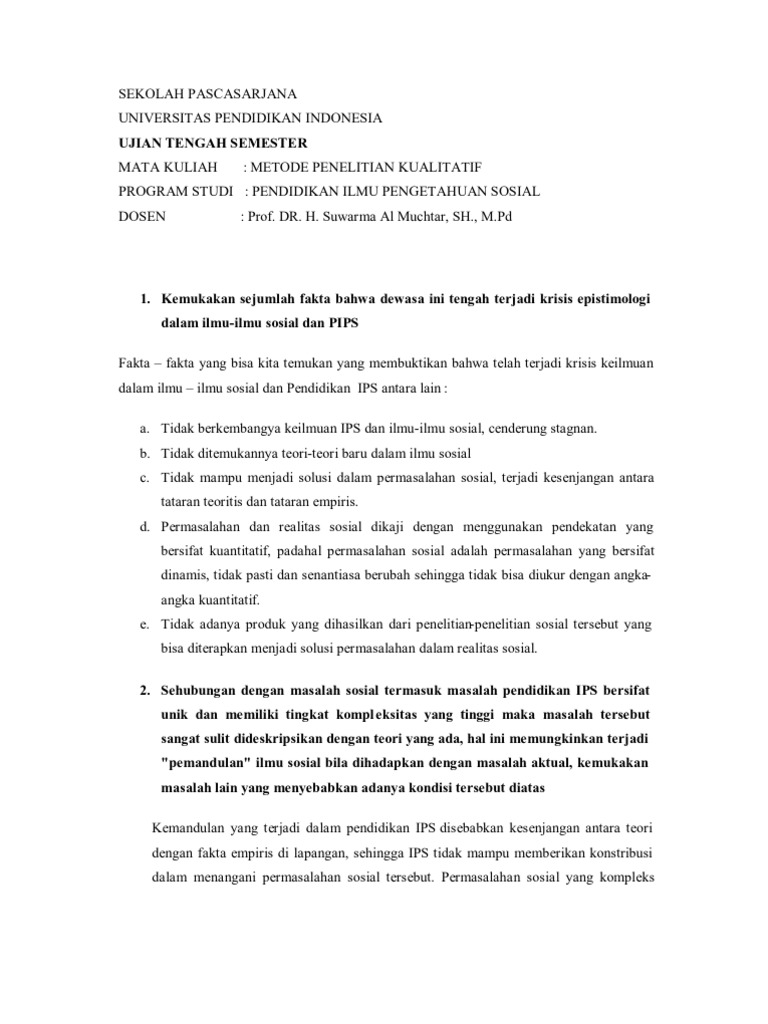 Soal Ujian Tengah Semester Metode Penelitian Kualitatif