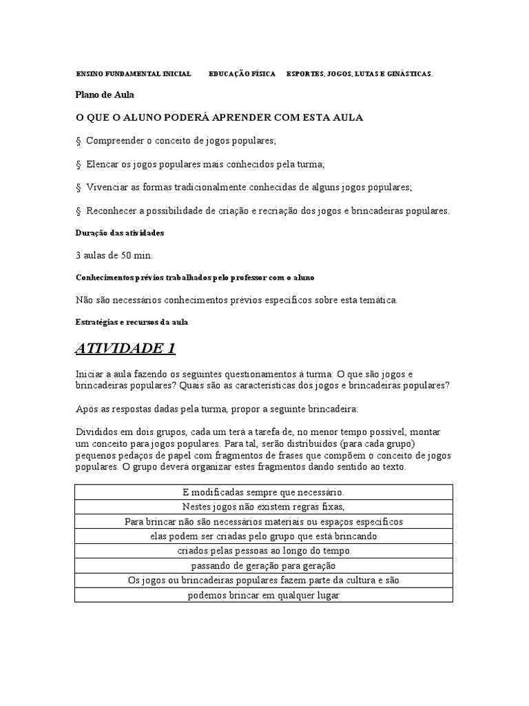 Jogos E Brincadeiras Tradicionais Docx Prof W  Brincadeiras populares,  Educação fisica, Jogos e brincadeiras populares