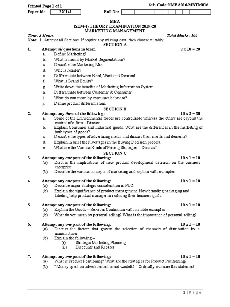 MBA Marketing Management Exam 2019-20 | PDF | Marketing | Brand