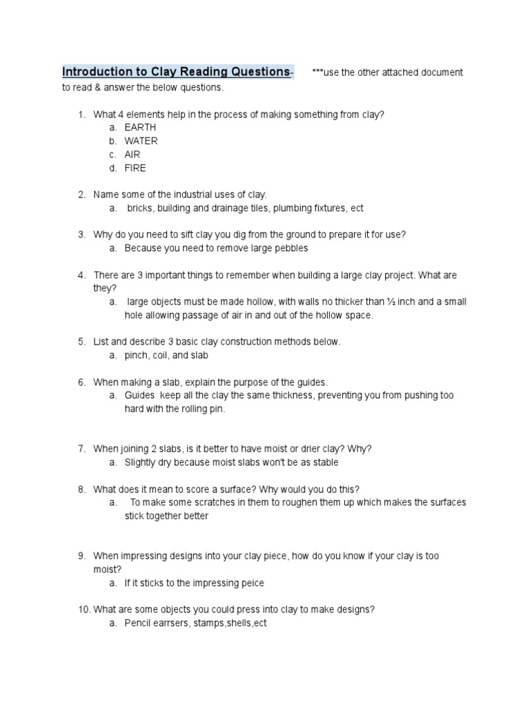 Intro To Clay Reading Questions f2021 PDF Ceramics Building Engineering
