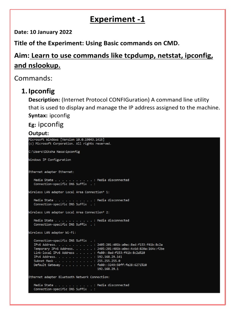 Experiment 1 Aim Learn To Use Commands Like Tcpdump, Netstat