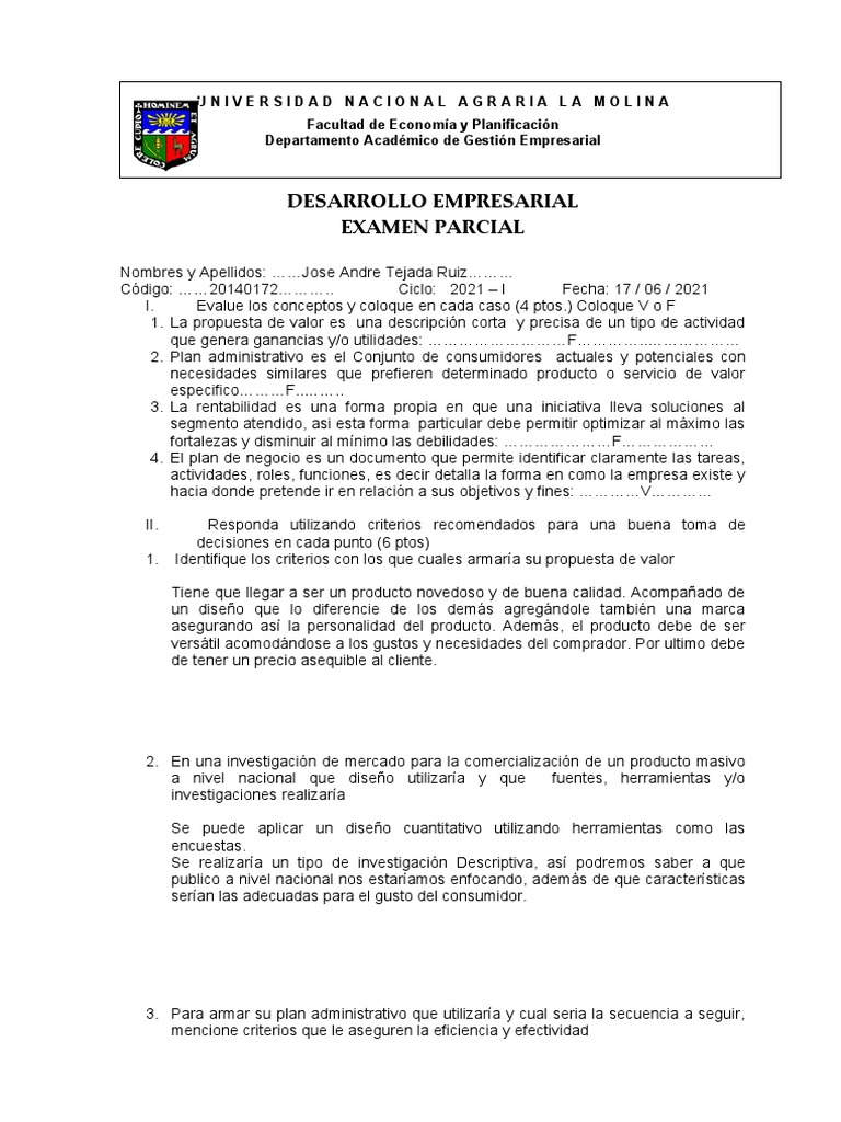 Examen Parcial de Desarrollo Empresarial | PDF | Business | Producto ...