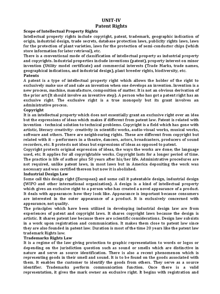 Unit Iv Patent Rights Scope Of Intellectual Property Rights Pdf