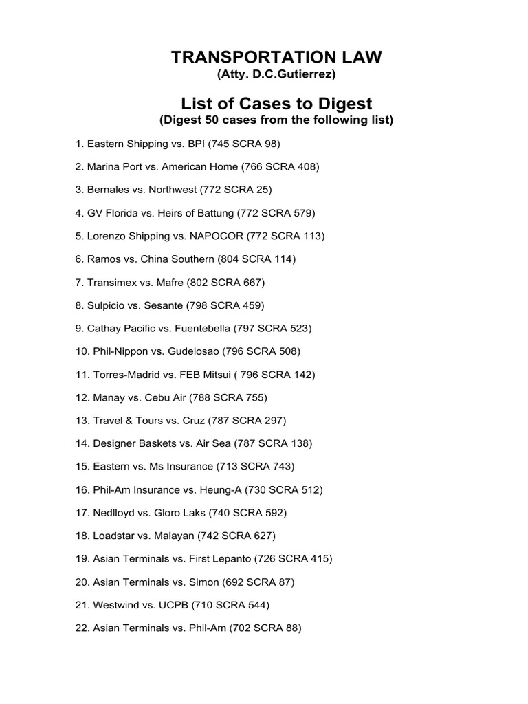 Transportation Law List of Cases To Digest (Atty. D.C.Gutierrez) PDF