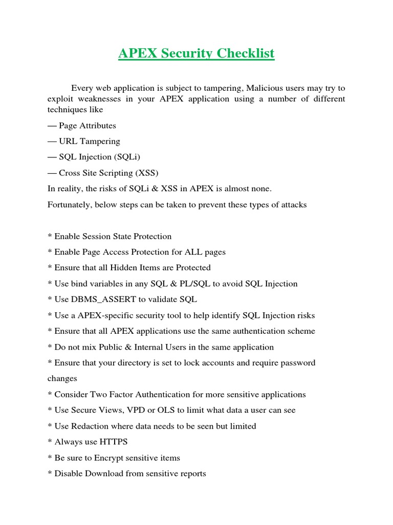 APEX Security Checklist | PDF | Software Engineering | Cyberwarfare
