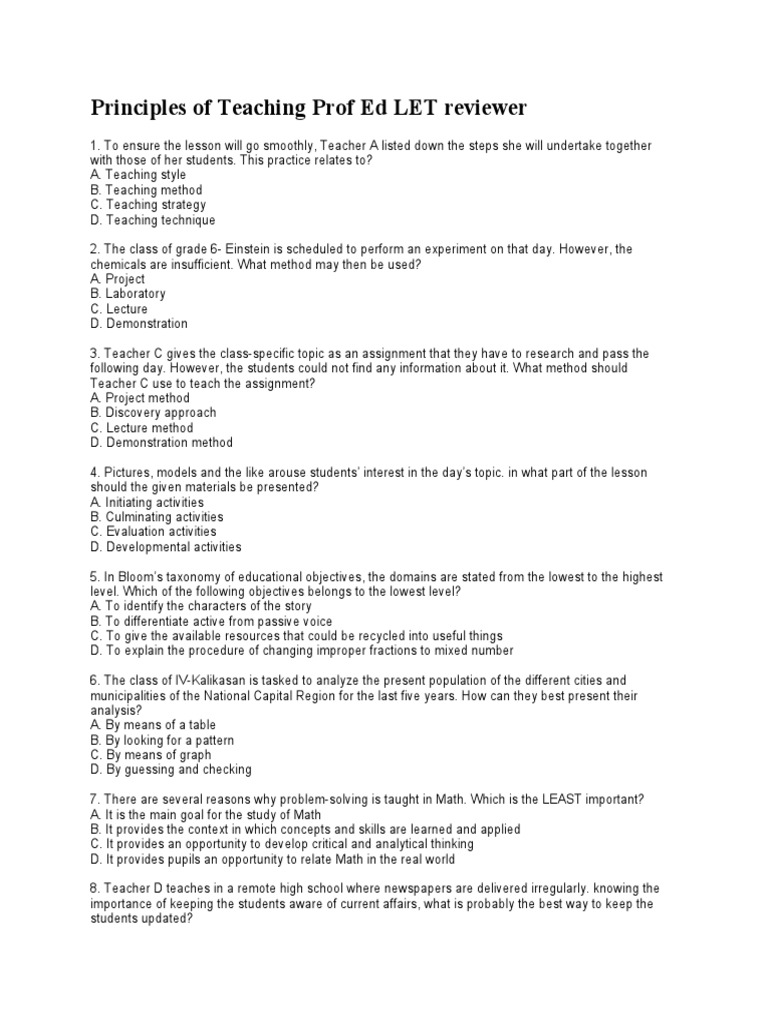 LET Reviewer: Principles of Teaching | PDF | Lesson Plan | Teachers
