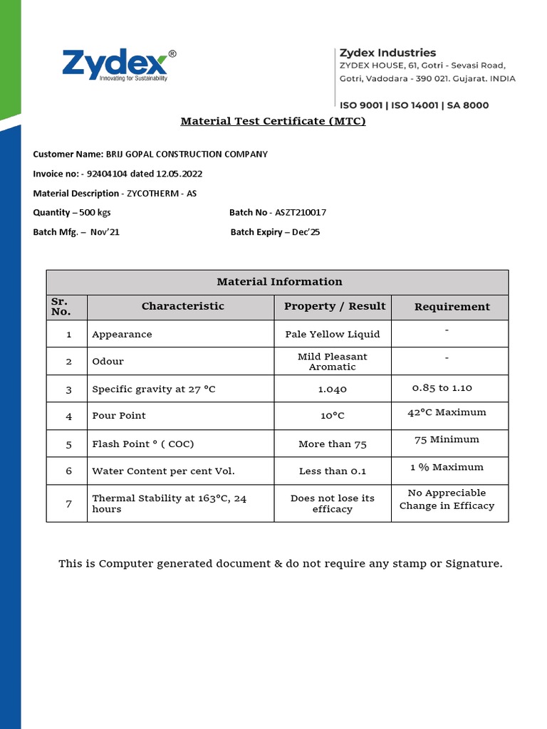 Material Test Certificate (MTC) This Is Computer Generated Document