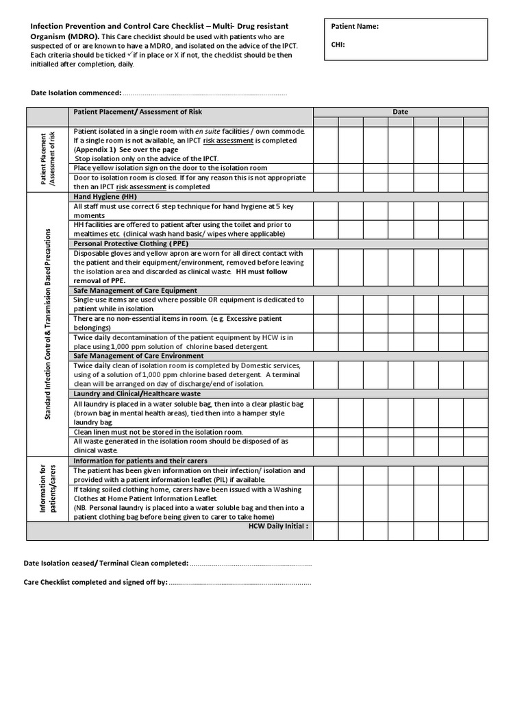 Infection Prevention and Control Care Checklist - Multi-Drug Resistant ...