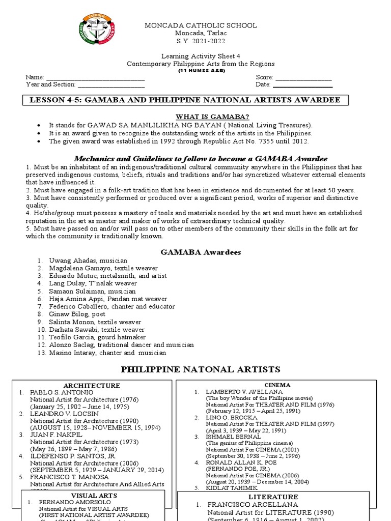 MODULE 4 - GAMABA and National Artists Awardee | PDF | Philippines