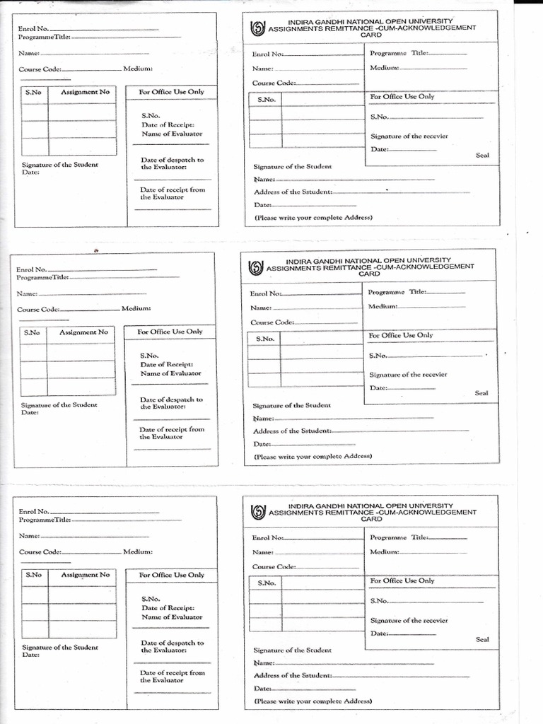 IGNOU Assignment Acknowledgement Card | PDF