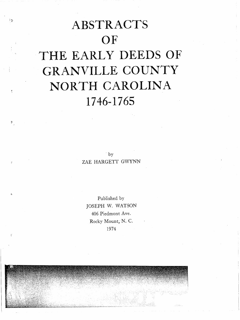 Book Index Abstracts of The Early Deeds of Granville County, 17461765