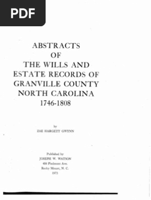 Index To Abstracts Of Wills Estate Records Granville County Nc 1746 1808