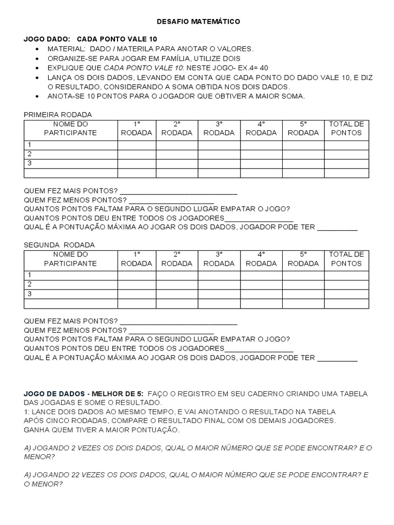 Jogo de Dados: Desafio Matemático Familiar | PDF | Dados