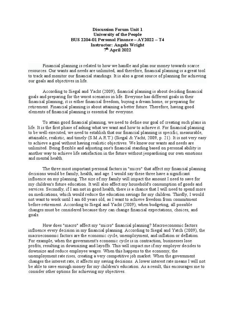 Discussion Forum Unit 1 University of The People BUS 2204-01 Personal ...