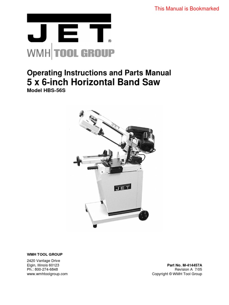 Jet Bandsaw Manual 414457 Electrical Connector Belt (Mechanical)