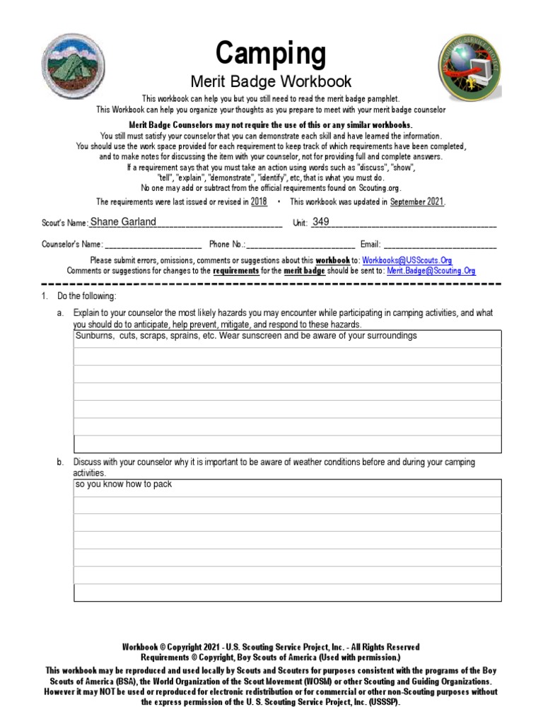 Camping Merit Badge PDF Boy Scouts Of America