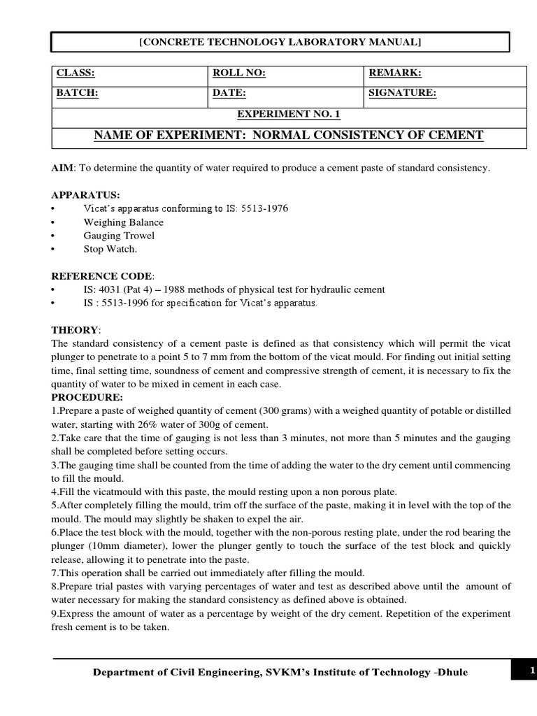 Name of Experiment Normal Consistency of Cement (Concrete Technology