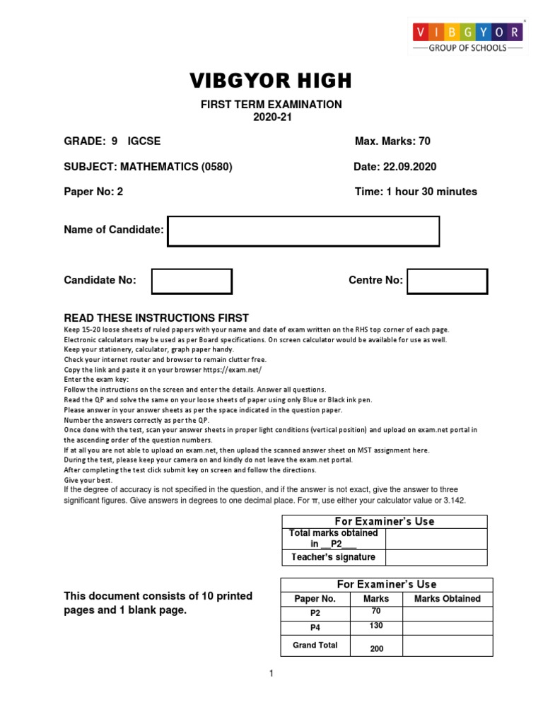 Grade 9 IGCSE Mathematics Exam Paper | PDF | Angle | Test (Assessment)