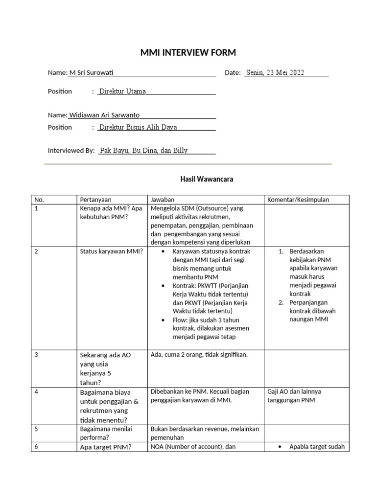 Mmi Interview Form - Bod | PDF