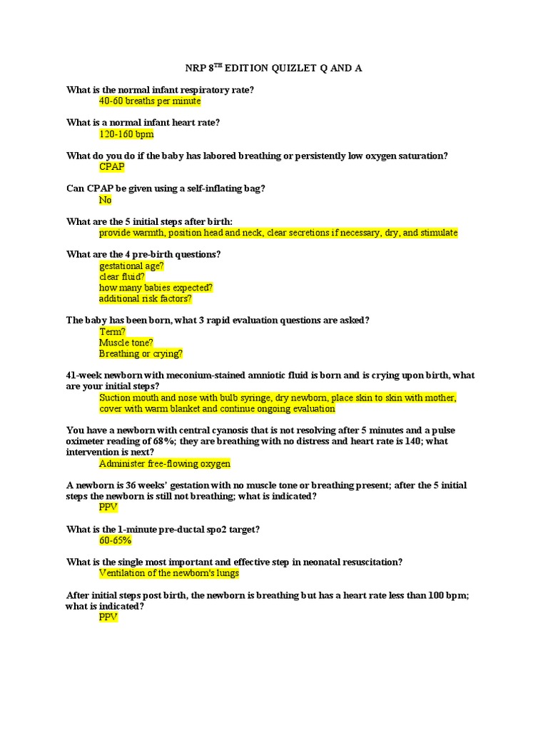 Quizlet NRP 8TH Edition PDF Cardiopulmonary Resuscitation Heart Rate