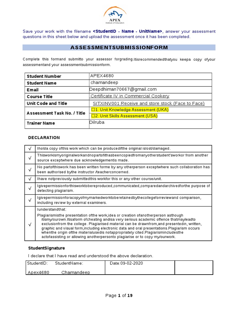 Assessment Submission for Cookery Unit | PDF | Inventory | Plagiarism
