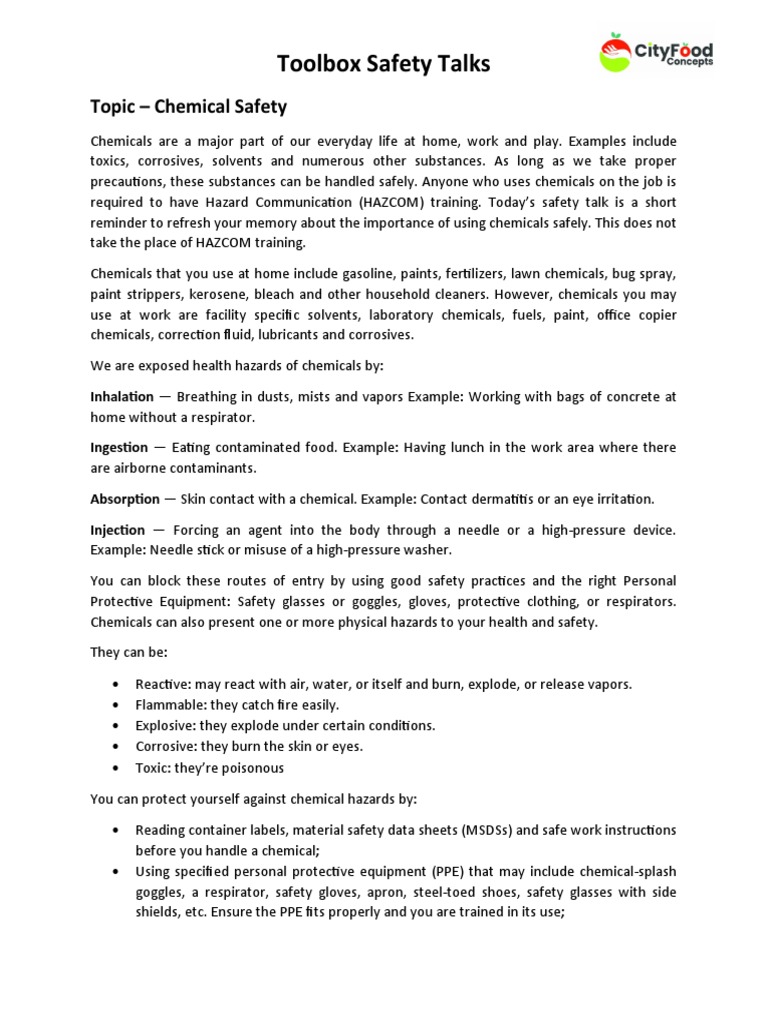 Toolbox Safety Talks Chemical Safety PDF Personal Protective