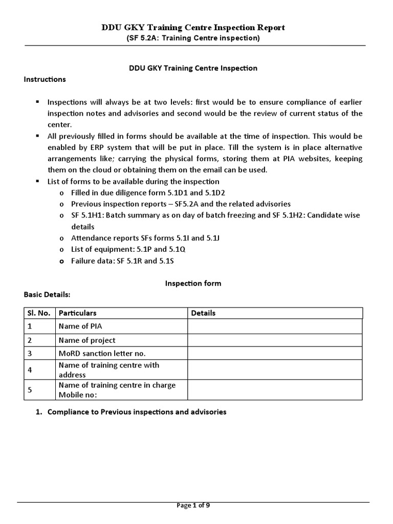 DDU GKY Training Centre Inspection Report | PDF