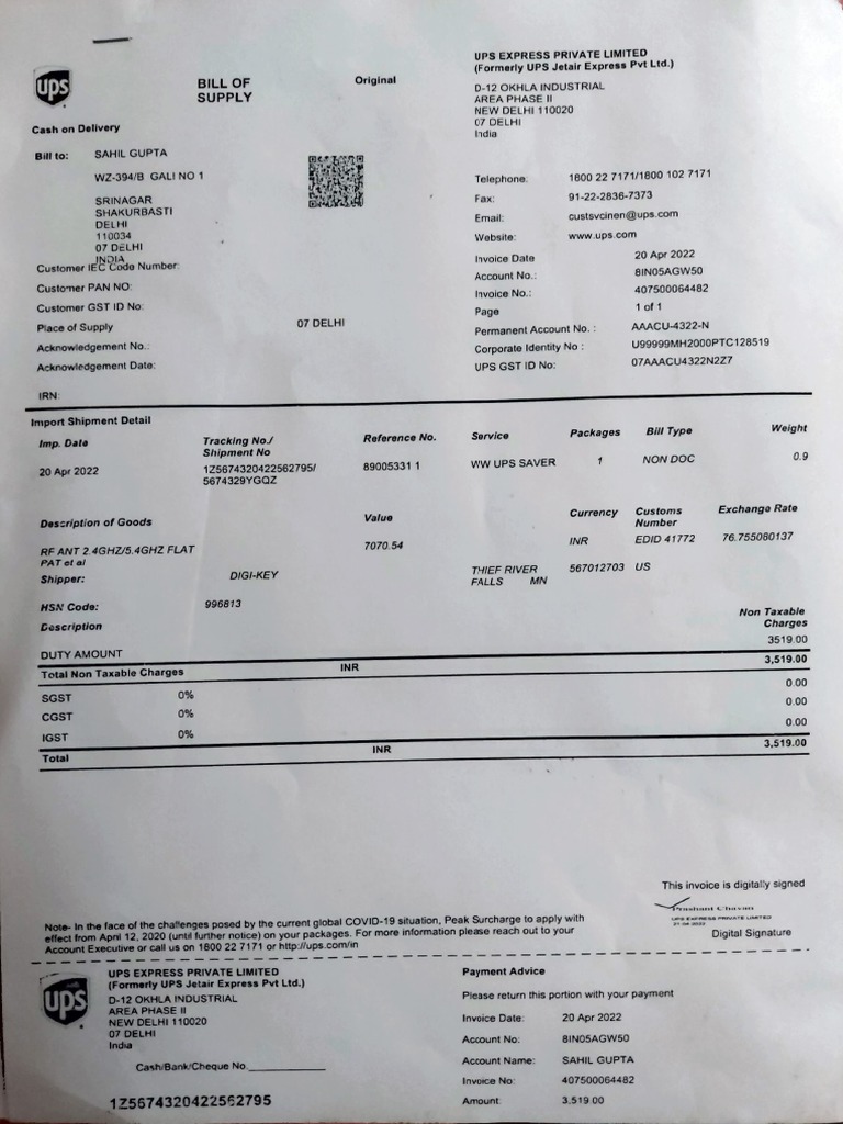 DigiKey Import Duty PDF Invoice Payments