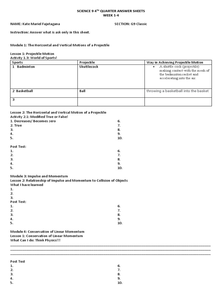 9th Grade Science Answer Sheets | PDF | Momentum | Motion (Physics)
