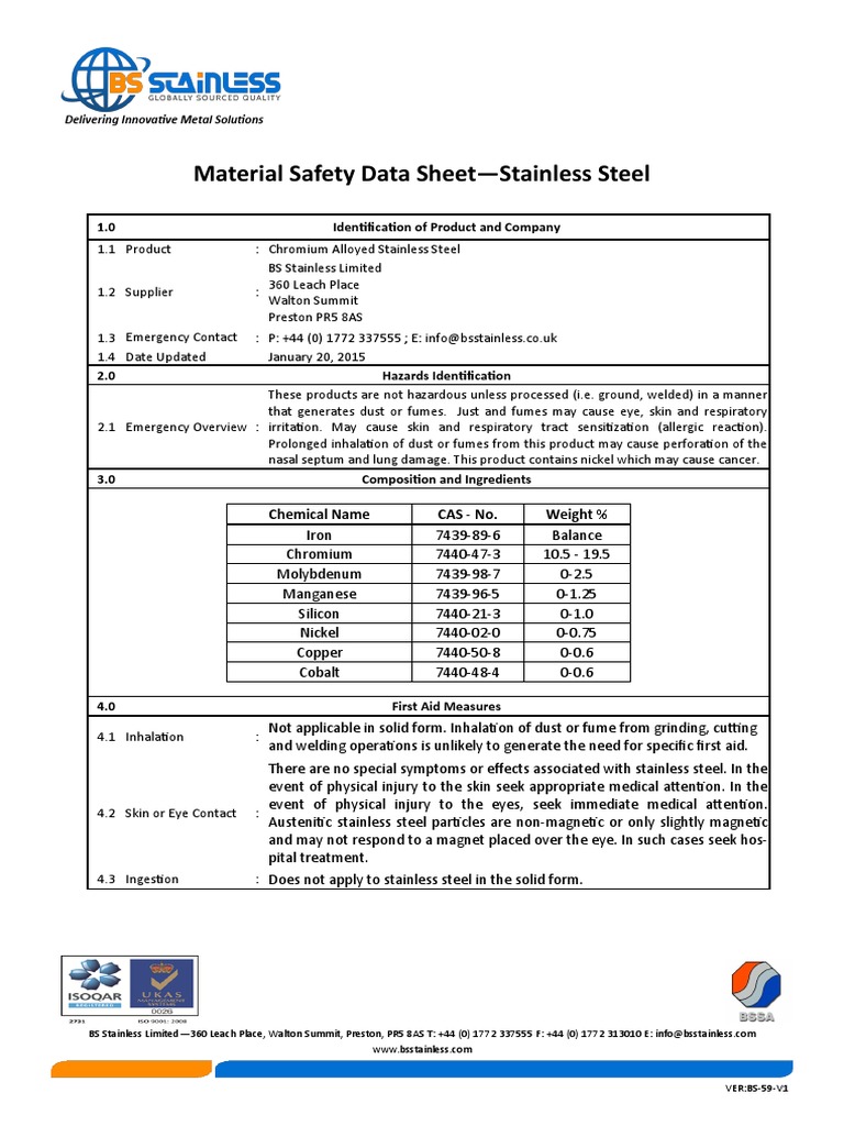Material Safety Datasheet Stainless Steel PDF Stainless Steel