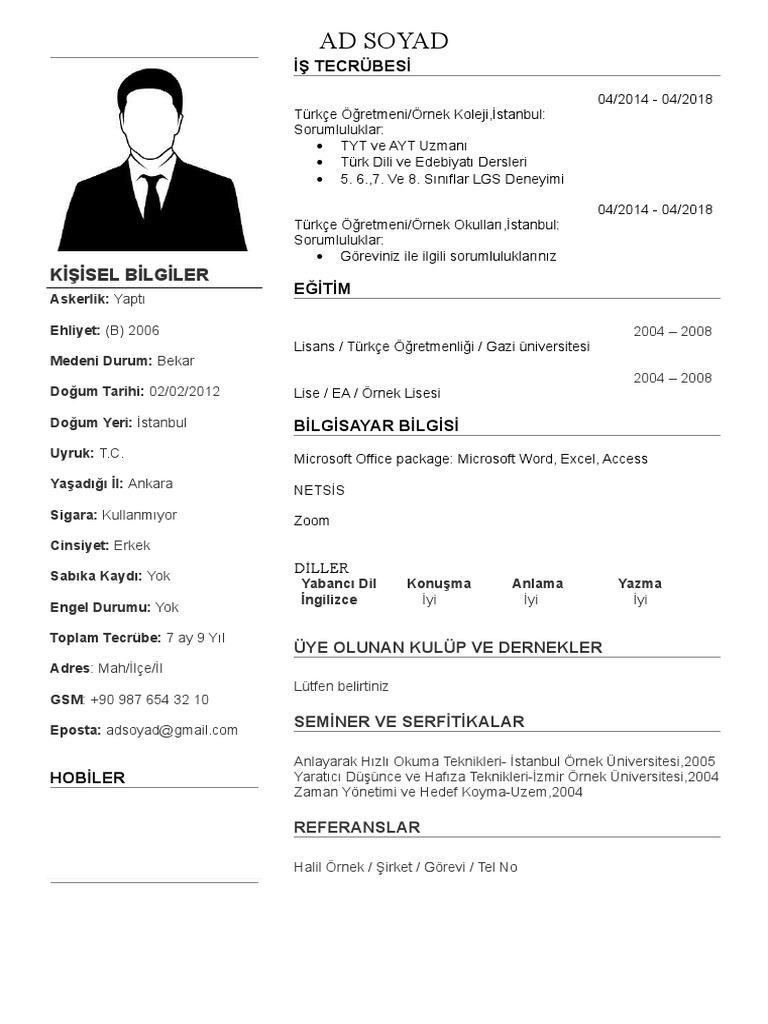 Ogretmen CV Ornekleri Word Belgesi Ucetsiz Indirme Yeni Mezun Ogretmen ...