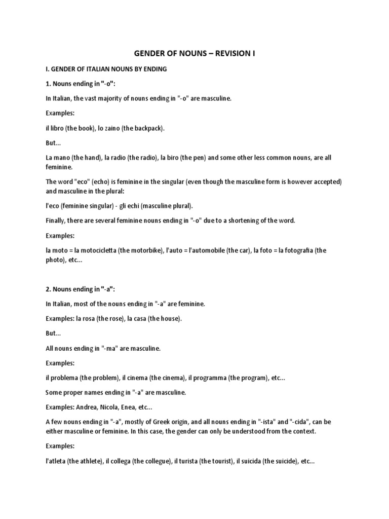 Italian Nouns Gender Guide | PDF | Grammatical Gender | Noun