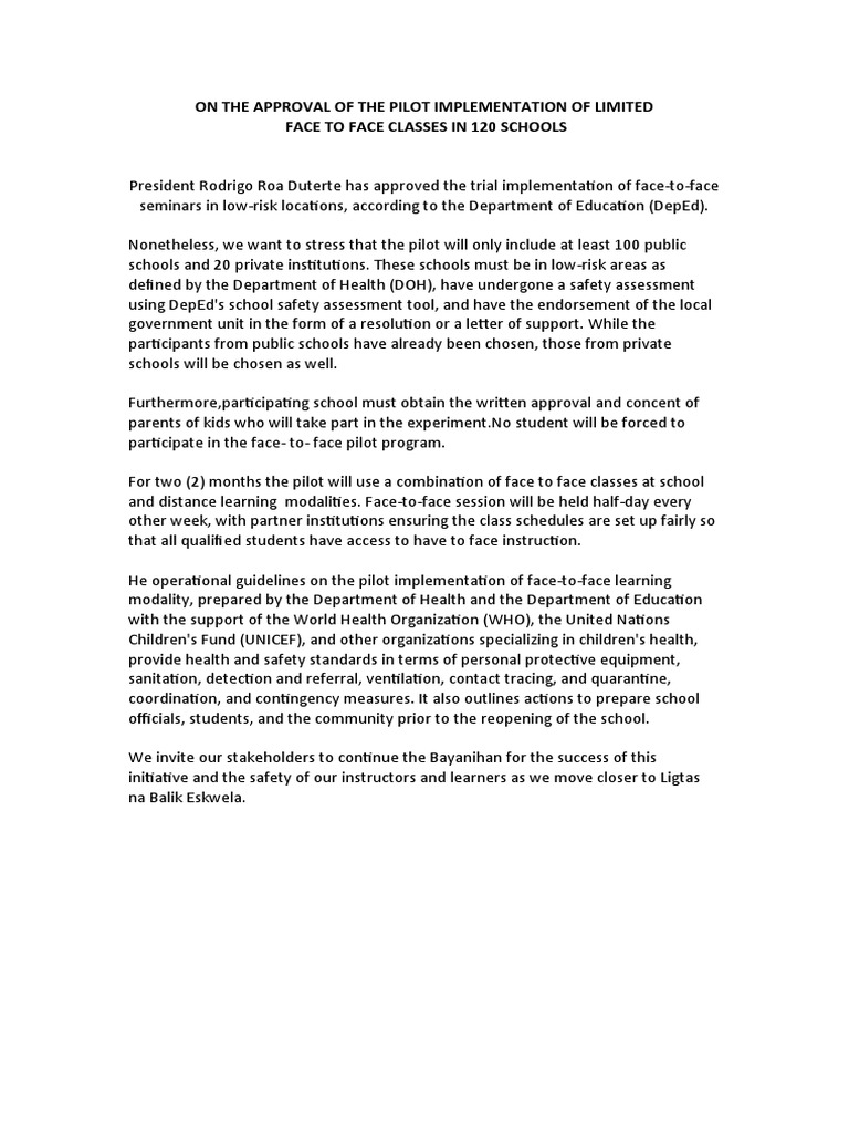 On The Approval of The Pilot Implementation | PDF