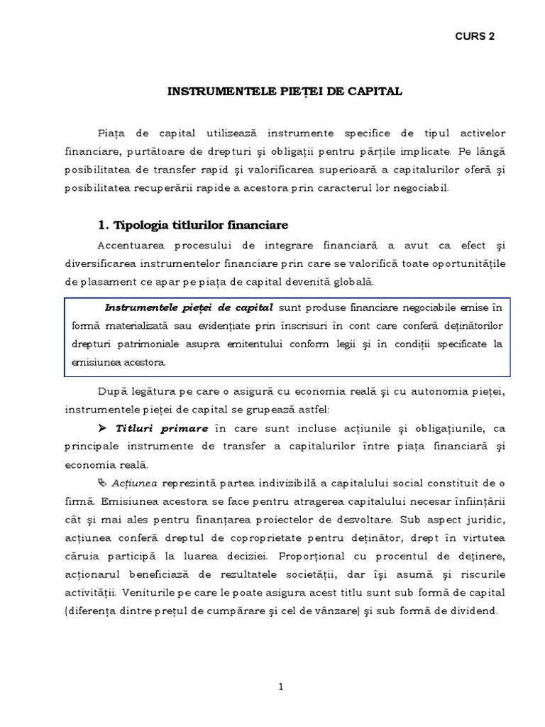 CURS 2. Instrumentele Pietei de Capital PDF