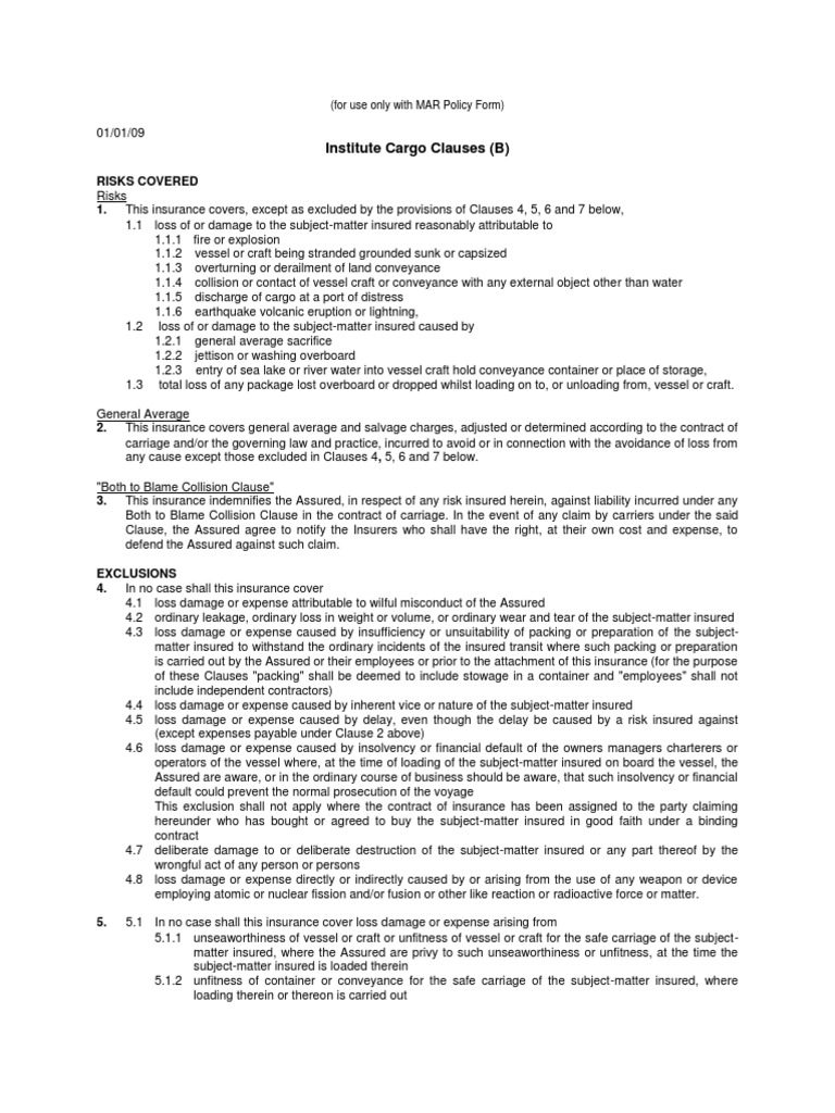 Institute Cargo Clauses (B) A Summary of Coverage, Exclusions, and