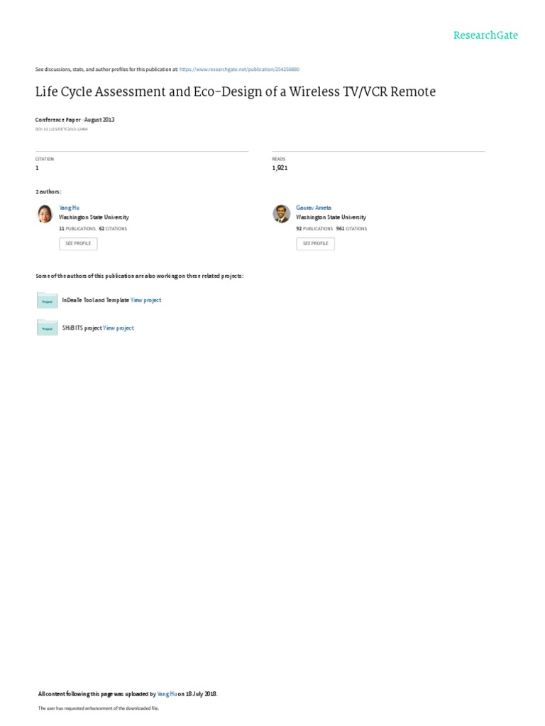 Life Cycle Assessment and EcoDesign of A Wireless TV/VCR Remote PDF