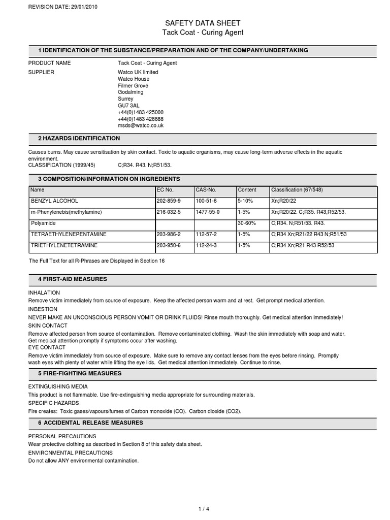 Safety Data Sheet Tack Coat Curing Agent 1 Identification of The