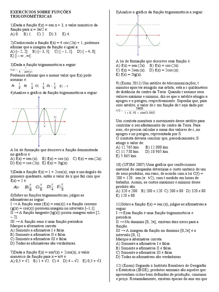 Exercícios Sobre Funções Trigonométricas | PDF | Satélite | Função ...
