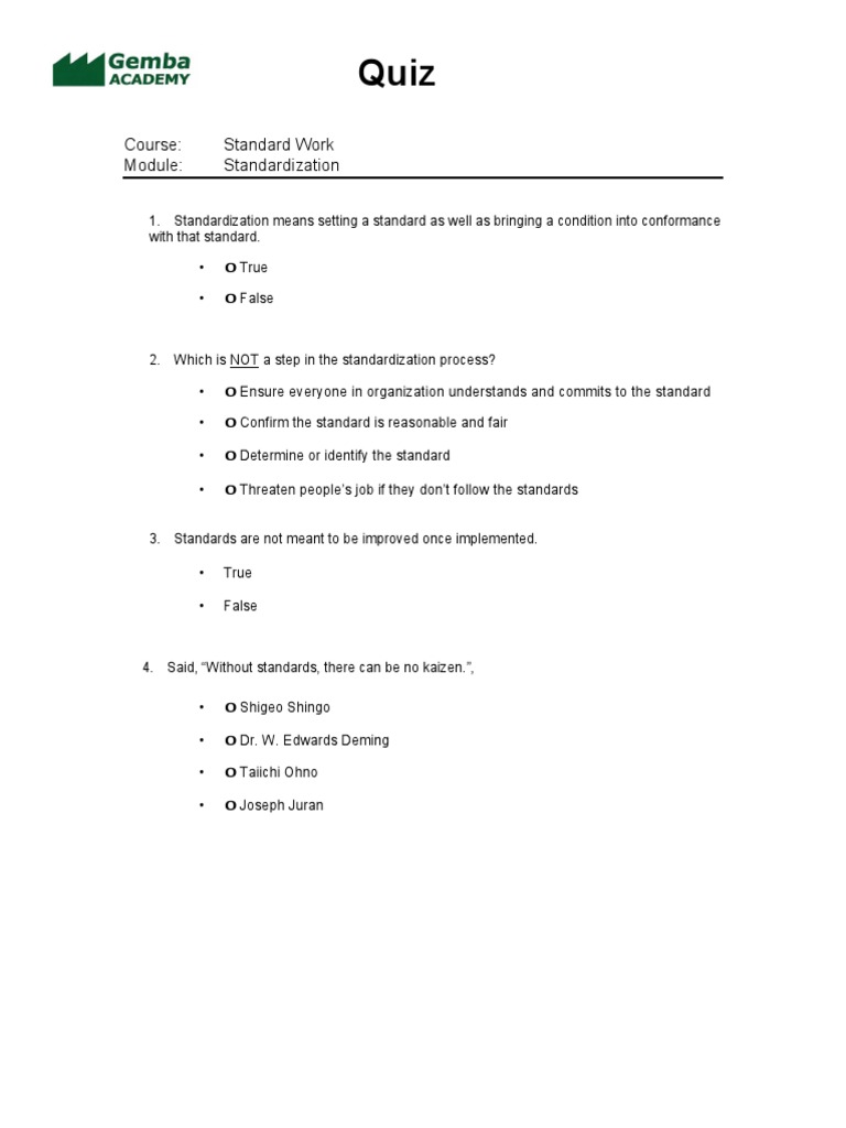 Standardization Process Quiz | PDF