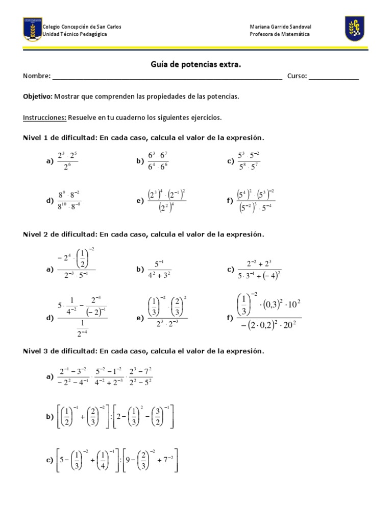 Guía De Potencias Extra Pdf Matemáticas