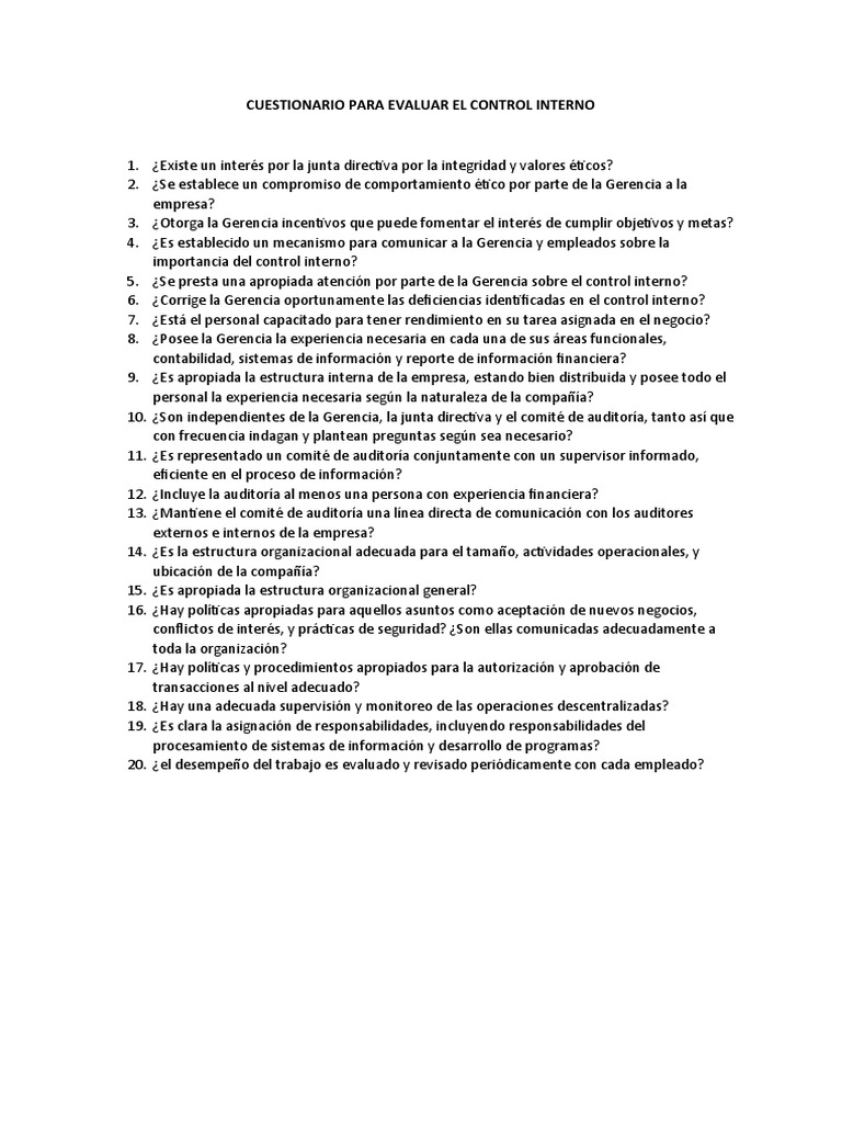 Cuestionario de Control Interno Empresarial | PDF