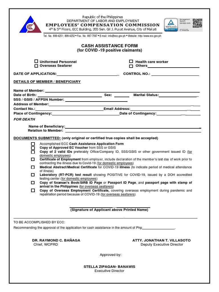 Cash Assistance Form: Employees' Compensation Commission | PDF