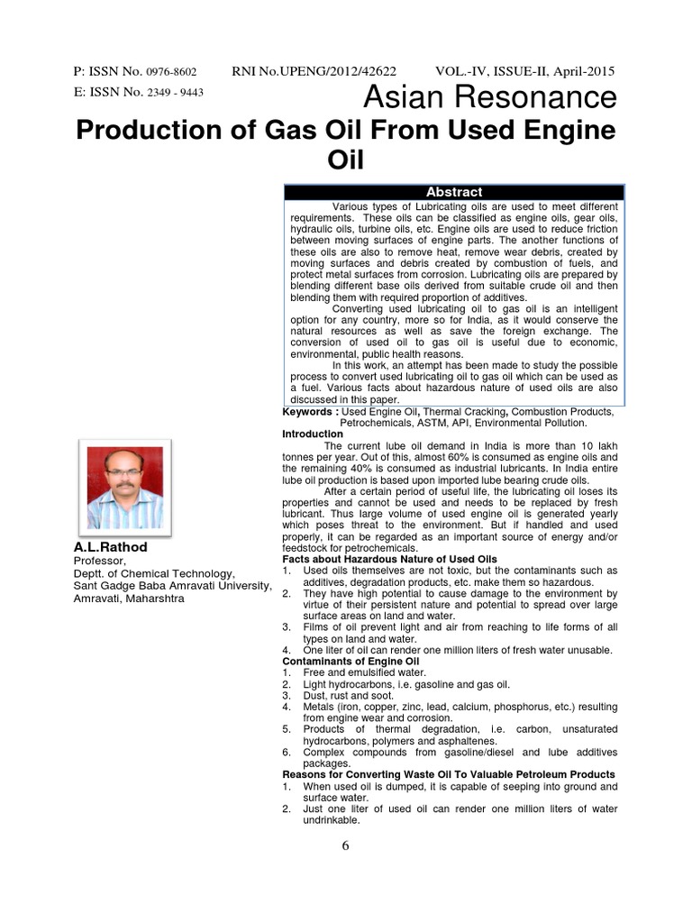 Production of Gas Oil From Used Engine Oil PDF Motor Oil Lubricant