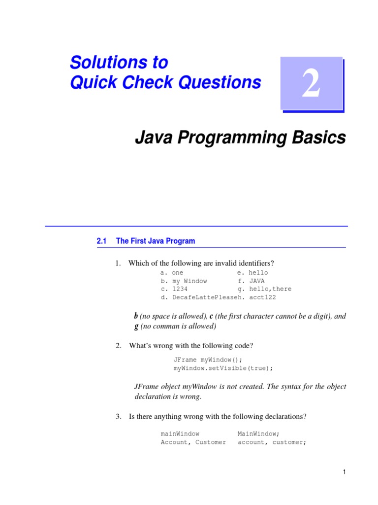 Solutions To Quick Check Questions: Java Programming Basics | PDF ...
