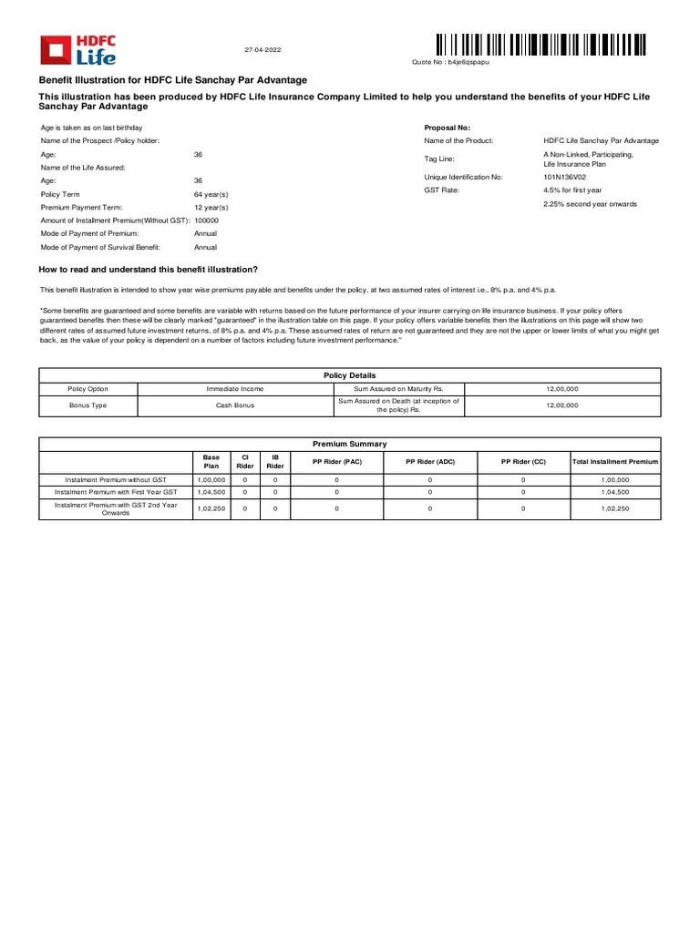 Benefit Illustration For HDFC Life Sanchay Par Advantage | PDF ...
