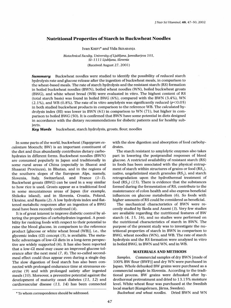 Nutritional Properties of Starch in Buckwheat Noodles Ivan Kreft and