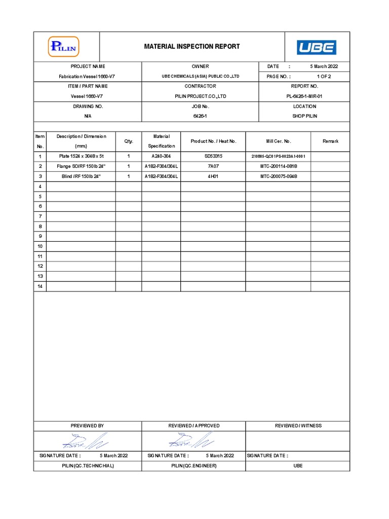 Material Inspection Report 6426-1 | PDF | Mechanical Engineering