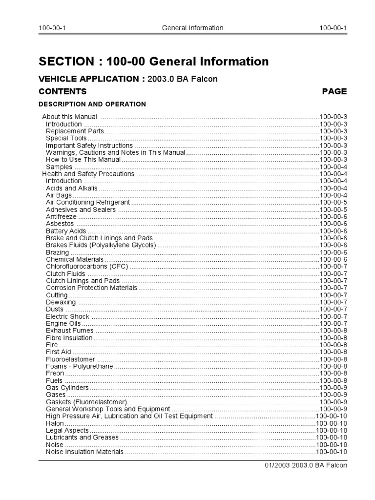 Ford BA Falcon Manual Index PDF Axle Transportation Engineering
