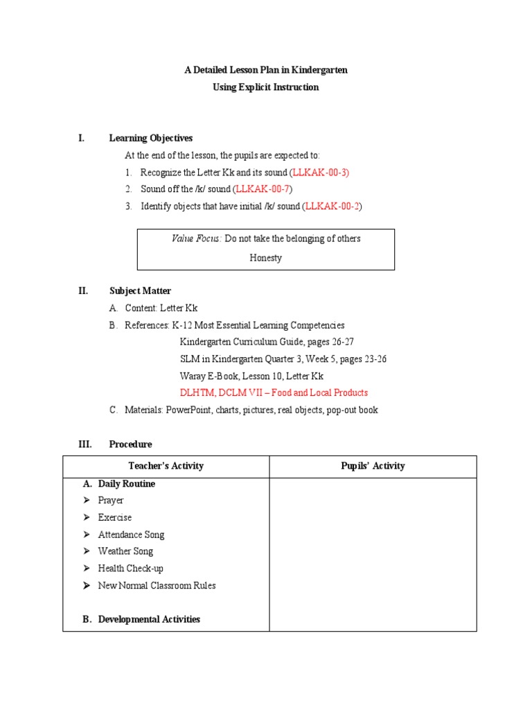 Kindergarten Lesson Plan for Letter Kk | PDF | Lesson Plan | Communication
